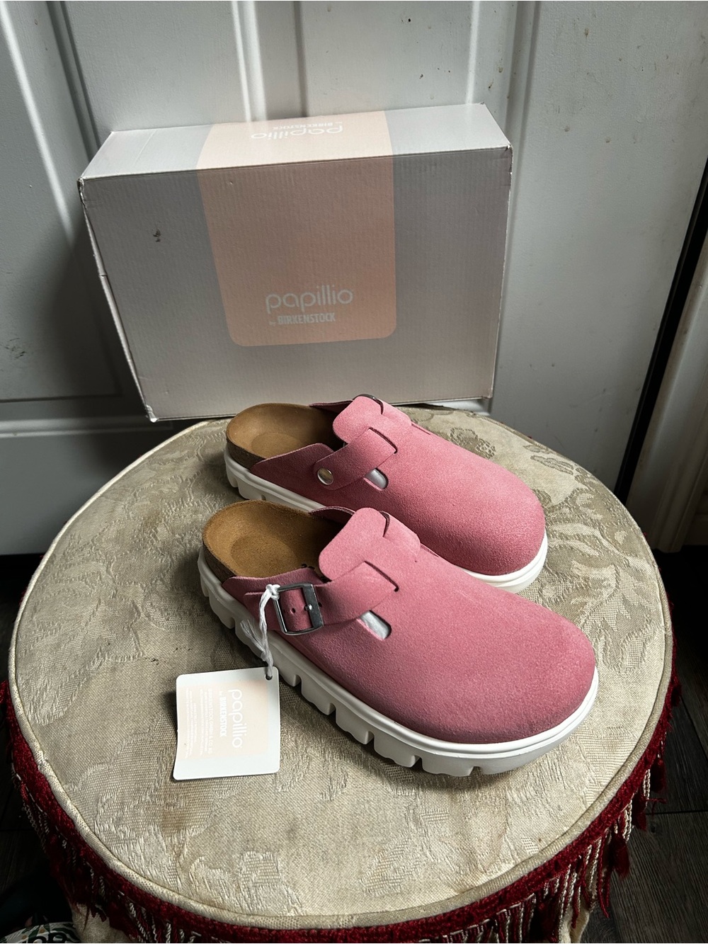 Eu 37-US6W/US4 M Papillio Birkenstock Candy Pink Boston Suede Pap Chunky slides - Picture 2 of 13